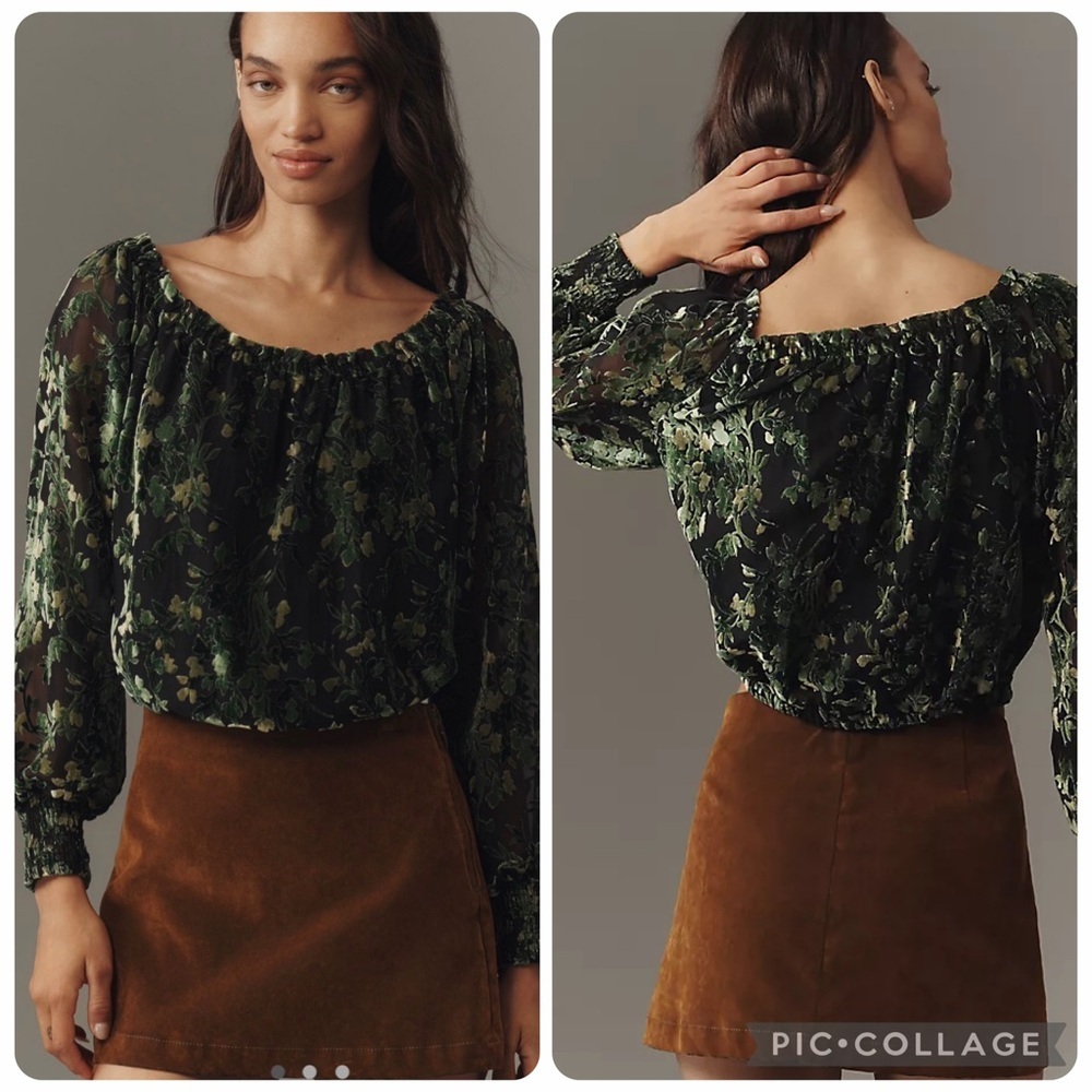 Small Anthropologie off shoulder velvet burnout top green floral stretchy
